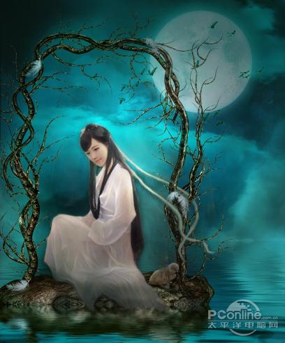Photoshop合成月夜镜湖美女图 领航软件教程